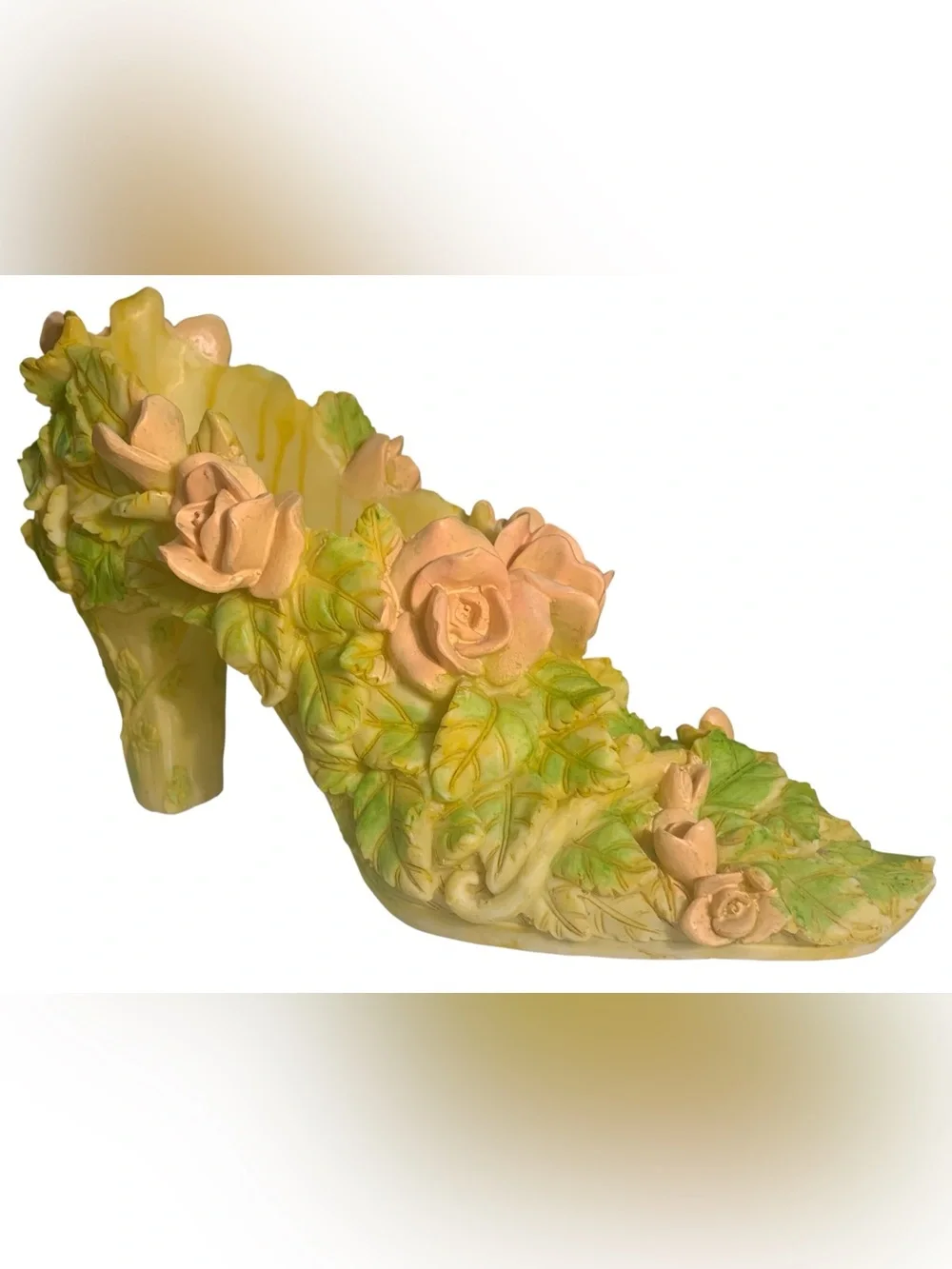 Vintage Whimsical High Heel  Figurine. Pastel Yellow With Lovely Pink Roses🩷💚💛